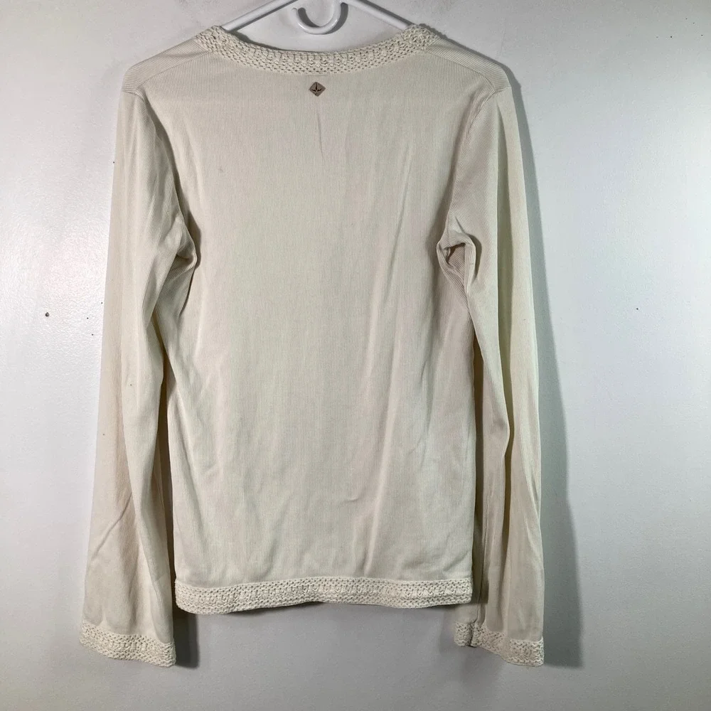 Vintage Prana Cream Ribbed Knit Square Neck Crocheted Trim‎ Top Women's L